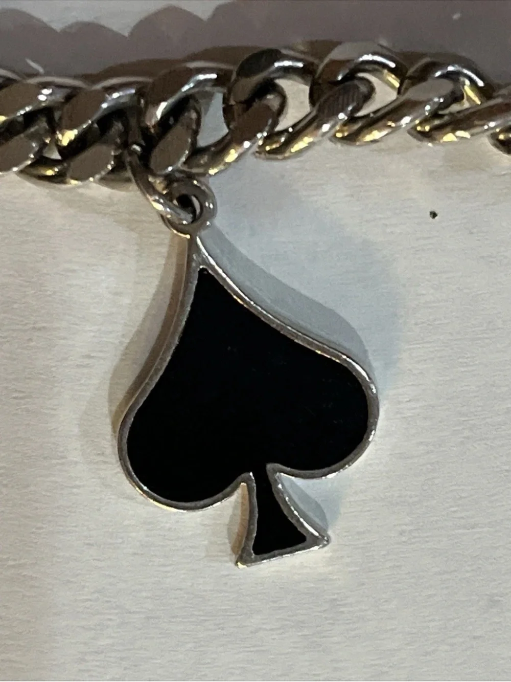Sterling Silver Charm Bracelet with Black Spade and Gold Glitter Club Charms 8”